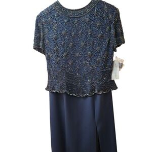Adrianna Papell Navy Blue Beaded Short Sleeve Evening Top & Skirt with Slit XL